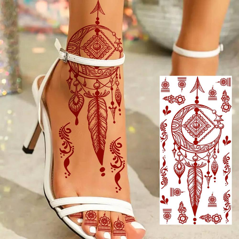 1 Sheet Henna Mandala Ramadan Mubarak Kareem Red Brown Temporary Tattoos For Women Adults Lace Hands Foot Forearm Arm Body Art Makeup, Semi Permanent Temp Fake Tattoo Stickers Waterproof Fake Jewelry Tatoos For Festival Party Accessory