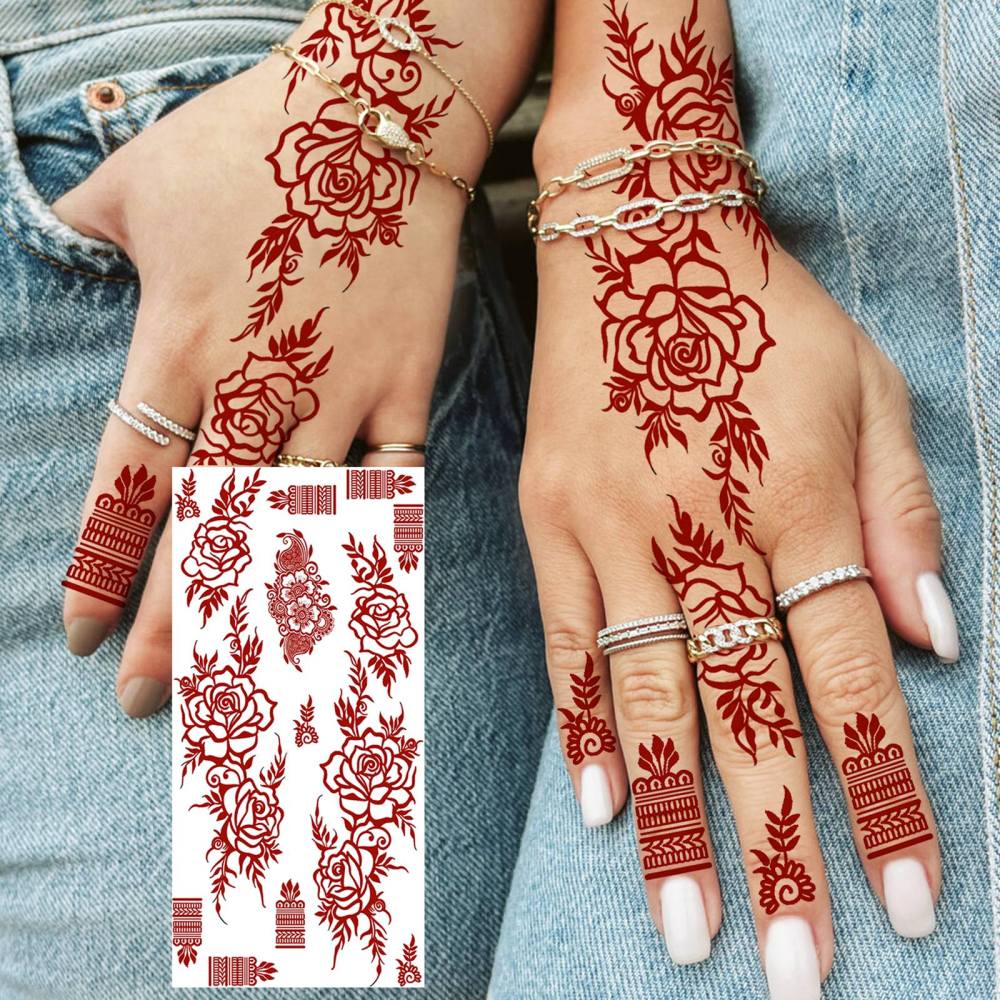 1 Sheet Henna Mandala Ramadan Mubarak Kareem Red Brown Temporary Tattoos For Women Adults Lace Hands Foot Forearm Arm Body Art Makeup, Semi Permanent Temp Fake Tattoo Stickers Waterproof Fake Jewelry Tatoos For Festival Party Accessory