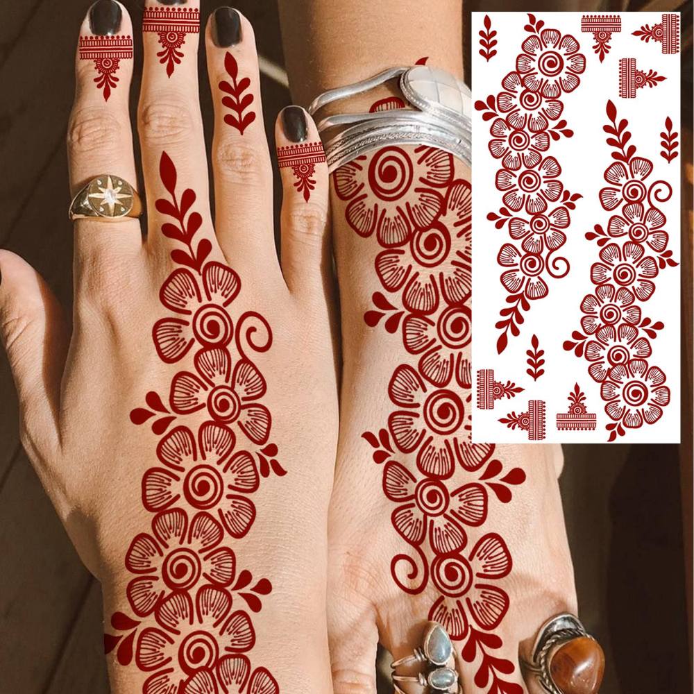 1 Sheet Henna Mandala Ramadan Mubarak Kareem Red Brown Temporary Tattoos For Women Adults Lace Hands Foot Forearm Arm Body Art Makeup, Semi Permanent Temp Fake Tattoo Stickers Waterproof Fake Jewelry Tatoos For Festival Party Accessory