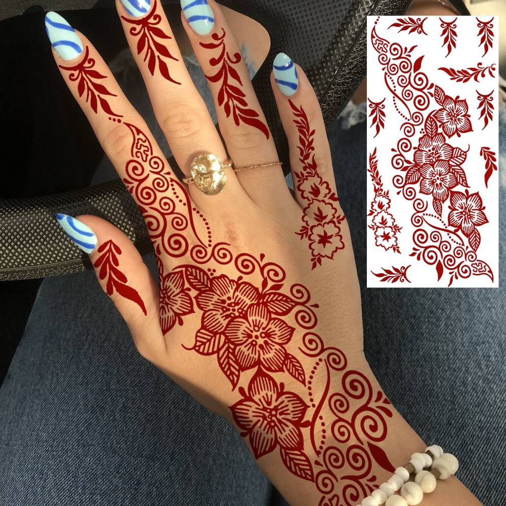 1 Sheet Henna Mandala Ramadan Mubarak Kareem Red Brown Temporary Tattoos For Women Adults Lace Hands Foot Forearm Arm Body Art Makeup, Semi Permanent Temp Fake Tattoo Stickers Waterproof Fake Jewelry Tatoos For Festival Party Accessory