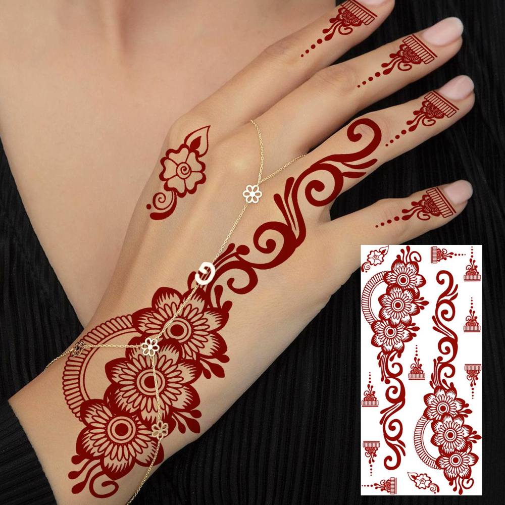 1 Sheet Henna Mandala Ramadan Mubarak Kareem Red Brown Temporary Tattoos For Women Adults Lace Hands Foot Forearm Arm Body Art Makeup, Semi Permanent Temp Fake Tattoo Stickers Waterproof Fake Jewelry Tatoos For Festival Party Accessory