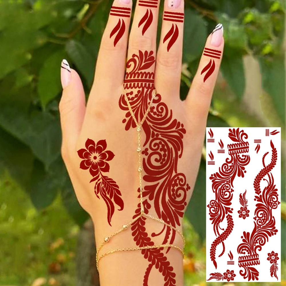 1 Sheet Henna Mandala Ramadan Mubarak Kareem Red Brown Temporary Tattoos For Women Adults Lace Hands Foot Forearm Arm Body Art Makeup, Semi Permanent Temp Fake Tattoo Stickers Waterproof Fake Jewelry Tatoos For Festival Party Accessory