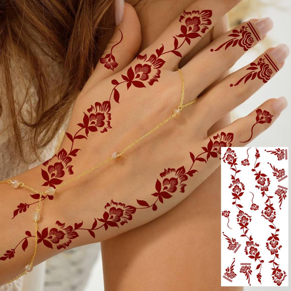 1 Sheet Henna Mandala Ramadan Mubarak Kareem Red Brown Temporary Tattoos For Women Adults Lace Hands Foot Forearm Arm Body Art Makeup, Semi Permanent Temp Fake Tattoo Stickers Waterproof Fake Jewelry Tatoos For Festival Party Accessory