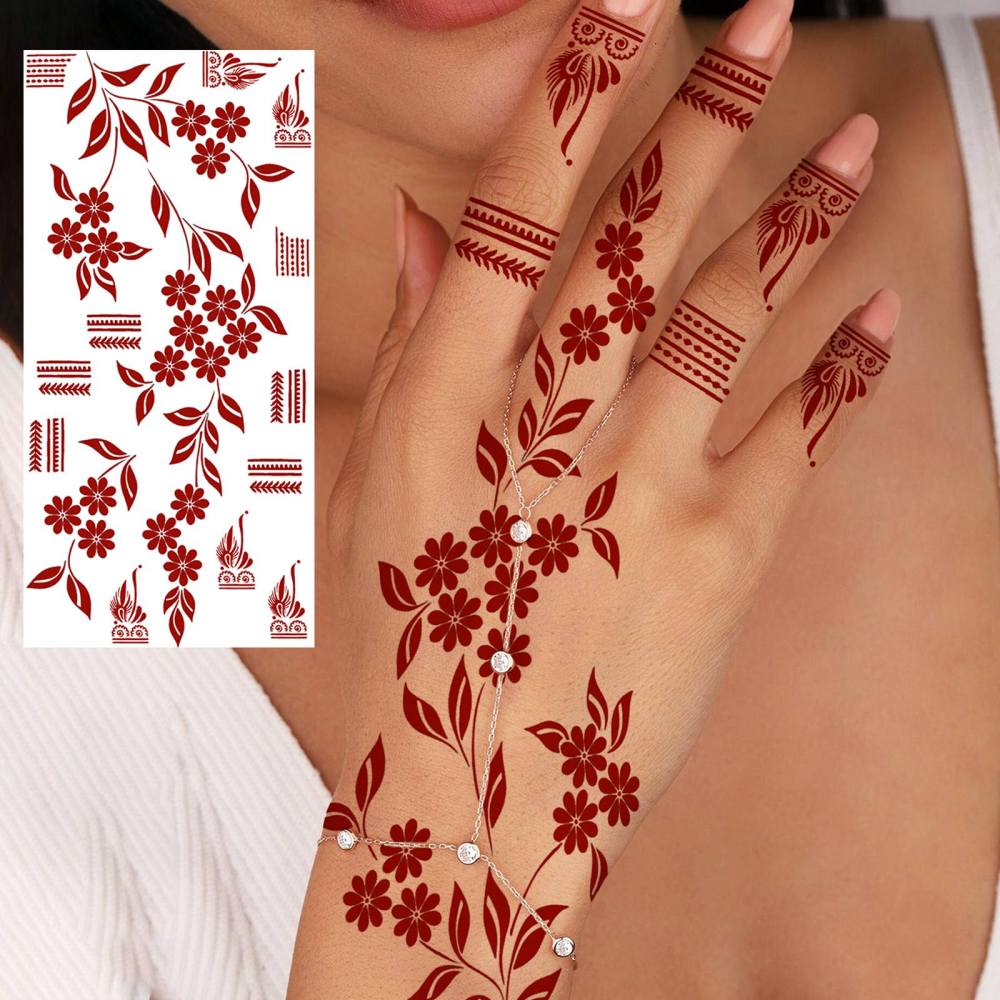 1 Sheet Henna Mandala Ramadan Mubarak Kareem Red Brown Temporary Tattoos For Women Adults Lace Hands Foot Forearm Arm Body Art Makeup, Semi Permanent Temp Fake Tattoo Stickers Waterproof Fake Jewelry Tatoos For Festival Party Accessory