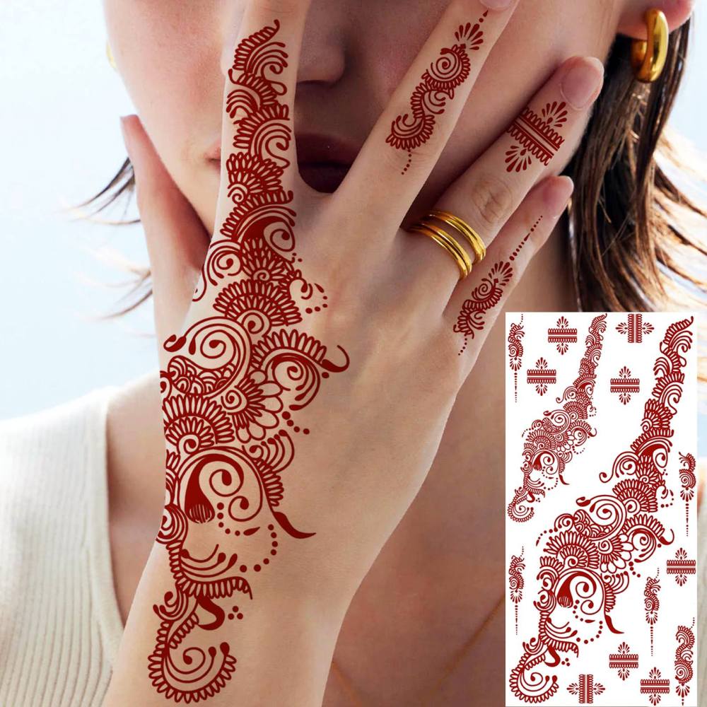 1 Sheet Henna Mandala Ramadan Mubarak Kareem Red Brown Temporary Tattoos For Women Adults Lace Hands Foot Forearm Arm Body Art Makeup, Semi Permanent Temp Fake Tattoo Stickers Waterproof Fake Jewelry Tatoos For Festival Party Accessory
