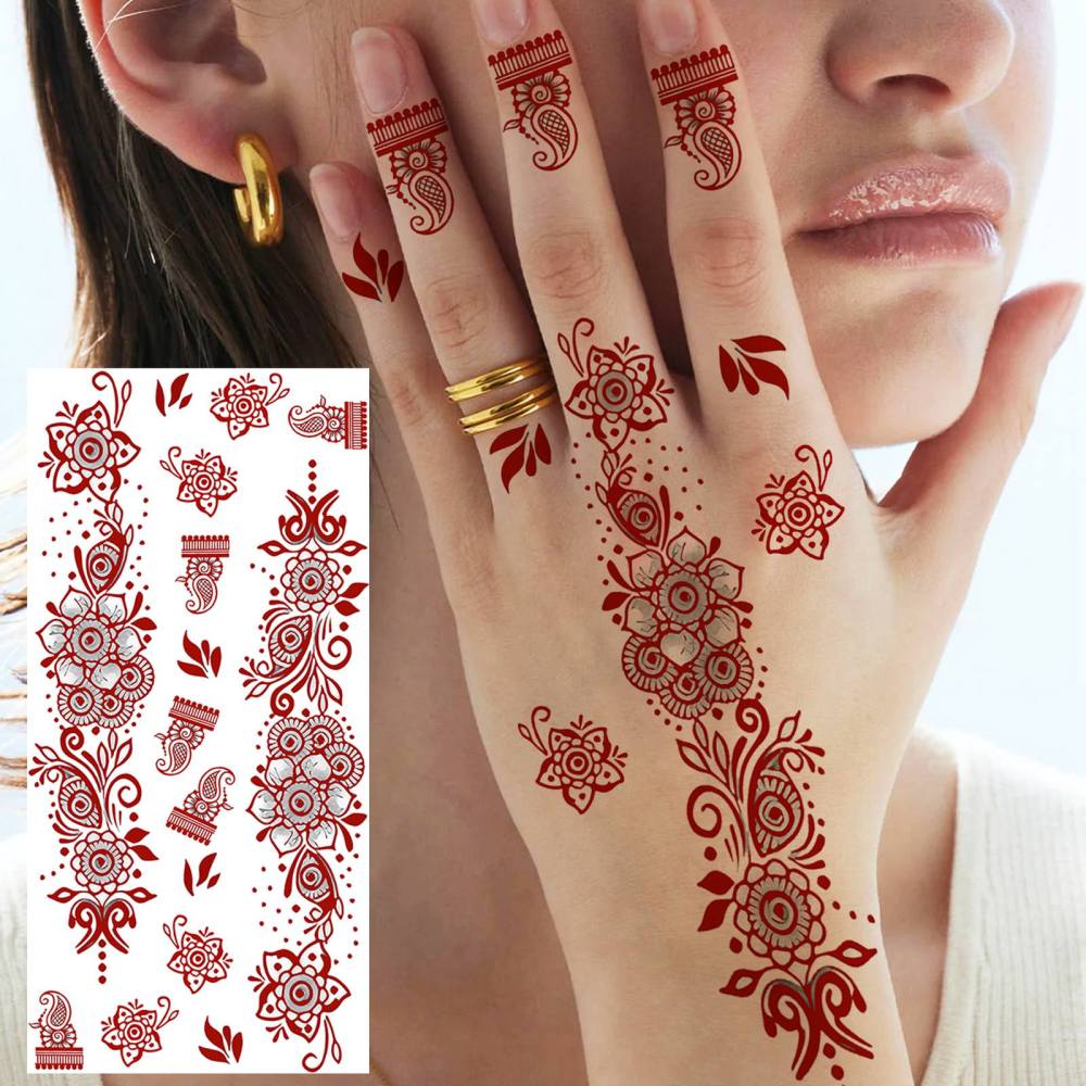 1 Sheet Henna Mandala Ramadan Mubarak Kareem Red Brown Temporary Tattoos For Women Adults Lace Hands Foot Forearm Arm Body Art Makeup, Semi Permanent Temp Fake Tattoo Stickers Waterproof Fake Jewelry Tatoos For Festival Party Accessory