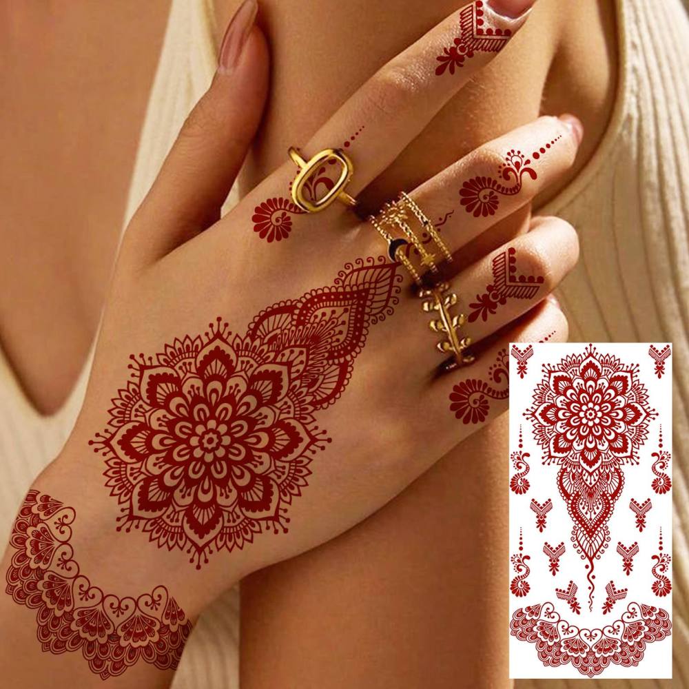 1 Sheet Henna Mandala Ramadan Mubarak Kareem Red Brown Temporary Tattoos For Women Adults Lace Hands Foot Forearm Arm Body Art Makeup, Semi Permanent Temp Fake Tattoo Stickers Waterproof Fake Jewelry Tatoos For Festival Party Accessory