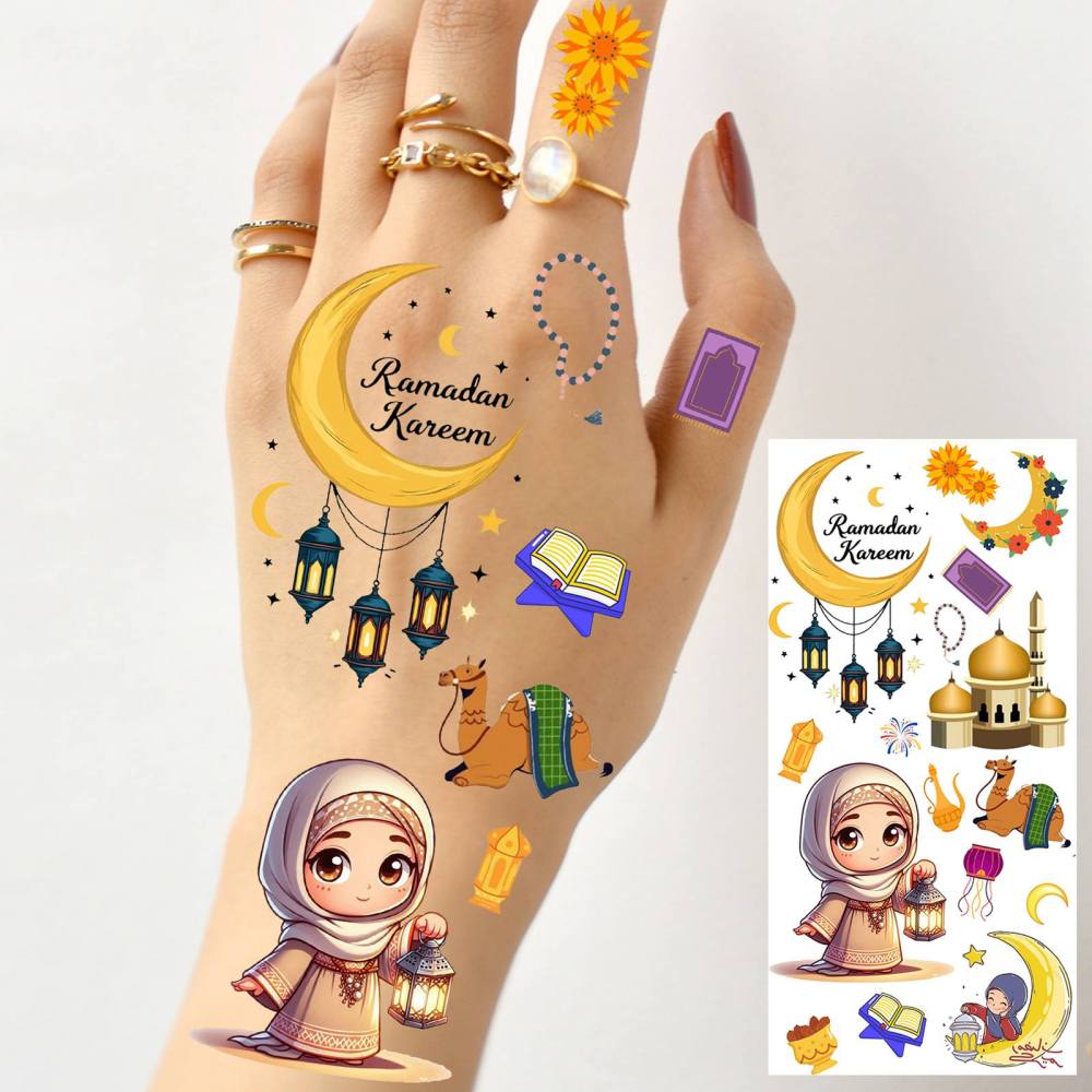 1 Sheet Crescent Moon Ramadan Mubarak Kareem  Temporary Tattoos For Women Adults Kids Men Lace Hands Foot Forearm Arm Body Art Makeup, Semi Permanent Temp Fake Tattoo Stickers Waterproof Tatoos For Festival Party Accessory
