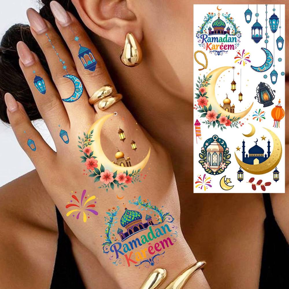 1 Sheet Crescent Moon Ramadan Mubarak Kareem  Temporary Tattoos For Women Adults Kids Men Lace Hands Foot Forearm Arm Body Art Makeup, Semi Permanent Temp Fake Tattoo Stickers Waterproof Tatoos For Festival Party Accessory