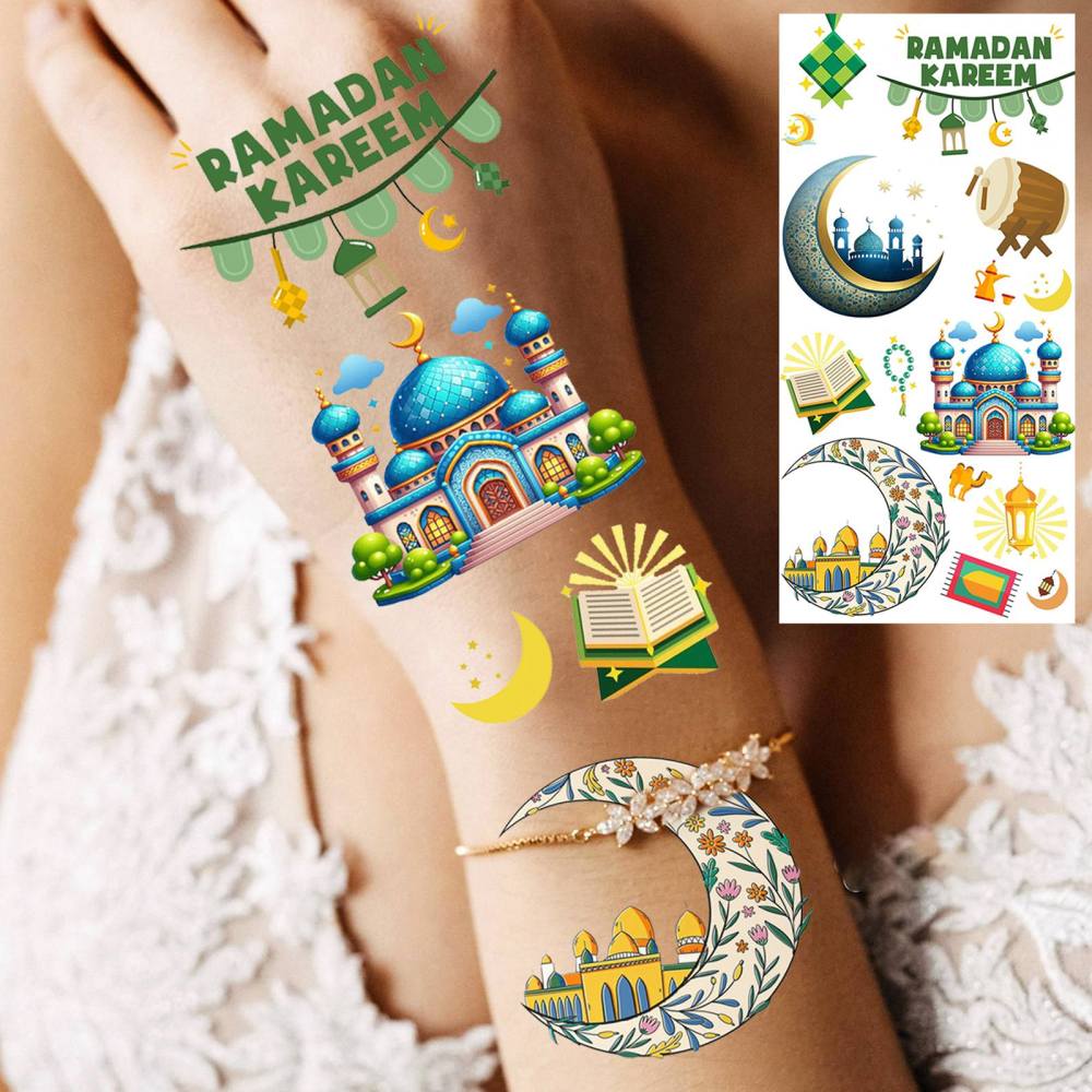 1 Sheet Crescent Moon Ramadan Mubarak Kareem  Temporary Tattoos For Women Adults Kids Men Lace Hands Foot Forearm Arm Body Art Makeup, Semi Permanent Temp Fake Tattoo Stickers Waterproof Tatoos For Festival Party Accessory