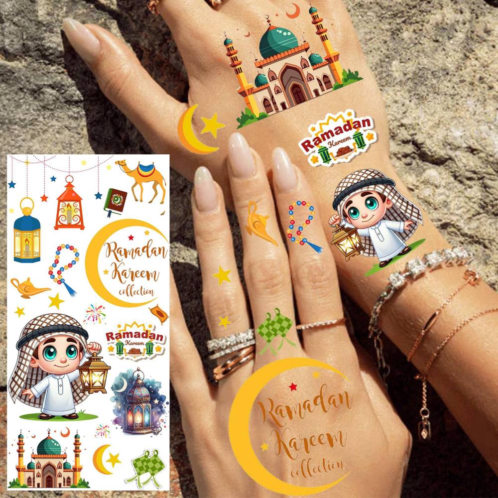 1 Sheet Crescent Moon Ramadan Mubarak Kareem  Temporary Tattoos For Women Adults Kids Men Lace Hands Foot Forearm Arm Body Art Makeup, Semi Permanent Temp Fake Tattoo Stickers Waterproof Tatoos For Festival Party Accessory