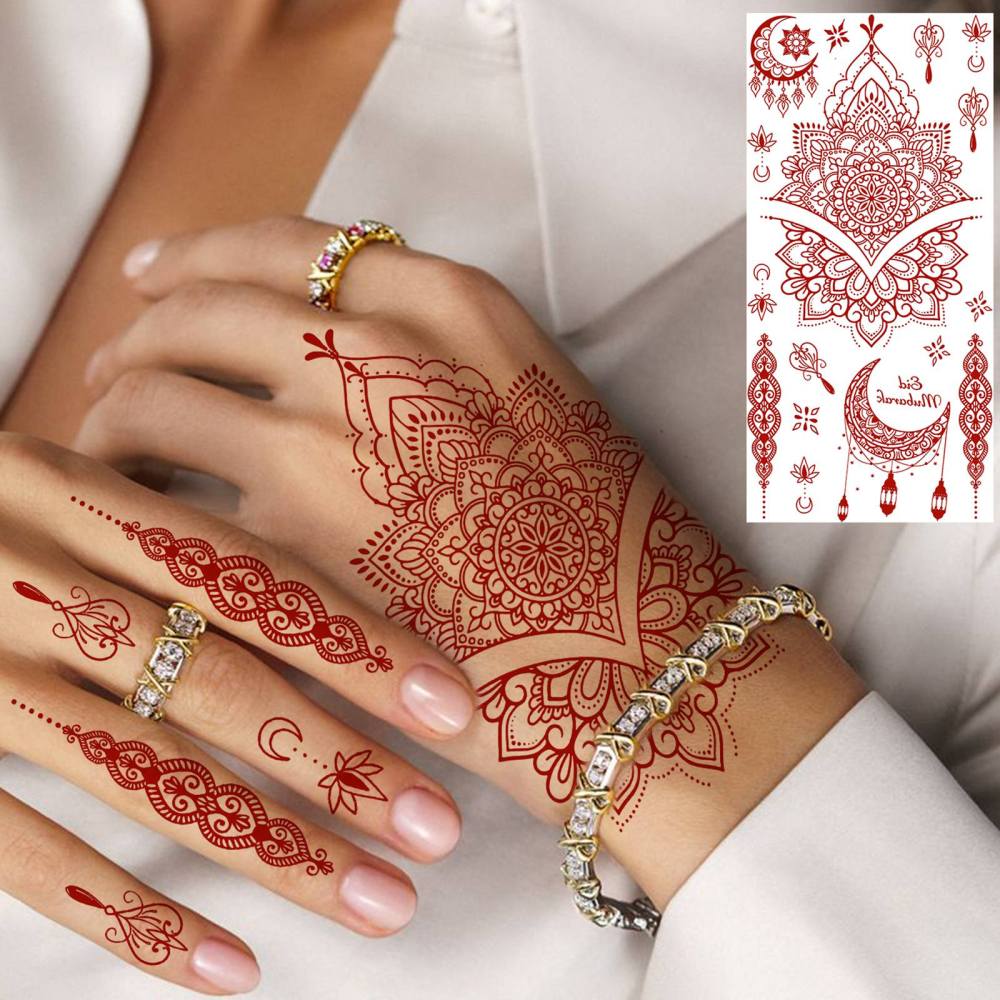 1 Sheet Henna Mandala Ramadan Mubarak Kareem Red Brown Temporary Tattoos For Women Men Adults Hands Foot Neck Forearm Arm Body Art Makeup, Semi Permanent Temp Fake Tattoo Stickers Waterproof Long Lasting Realistic Tatoos For Festival Party Accessory
