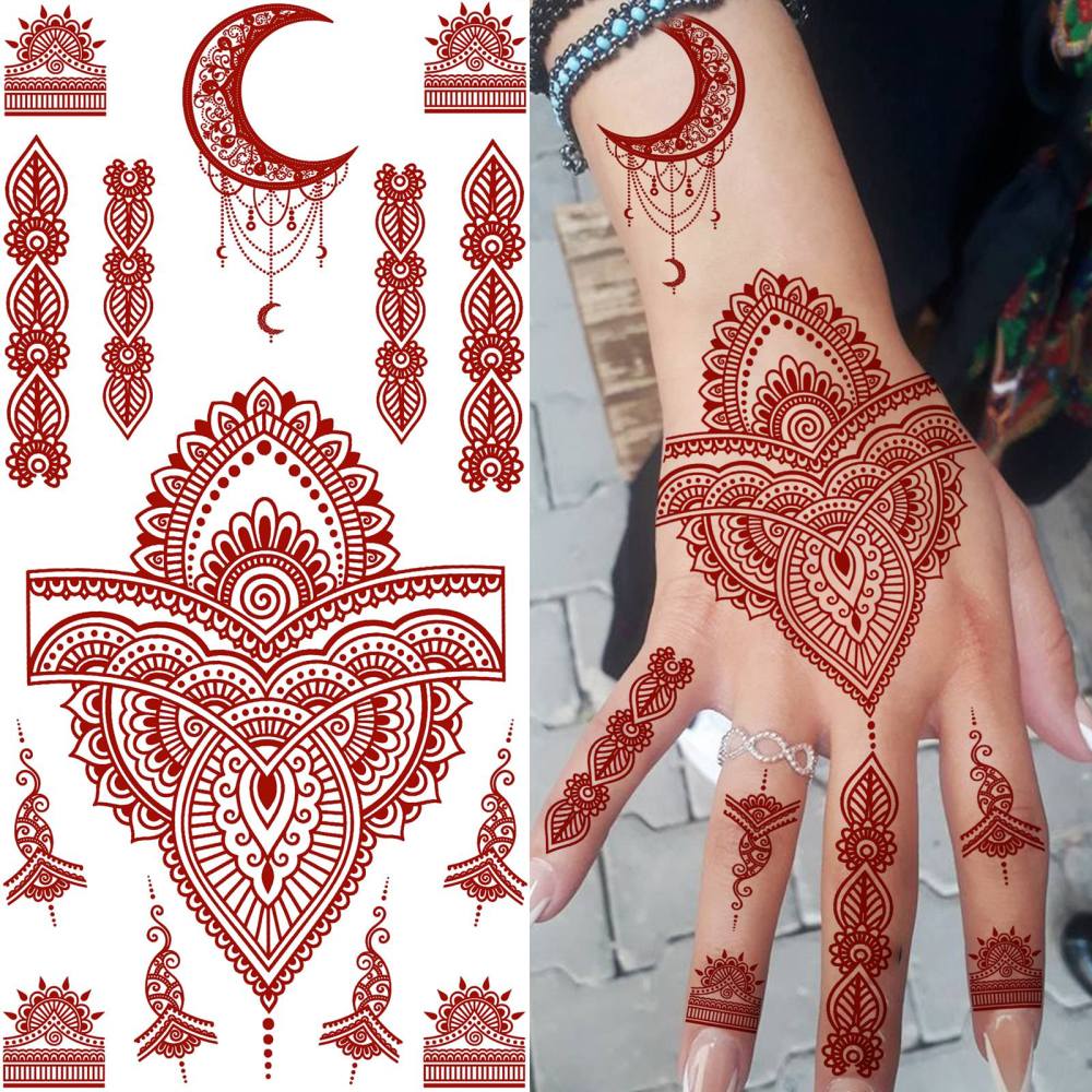 1 Sheet Henna Mandala Ramadan Mubarak Kareem Red Brown Temporary Tattoos For Women Men Adults Hands Foot Neck Forearm Arm Body Art Makeup, Semi Permanent Temp Fake Tattoo Stickers Waterproof Long Lasting Realistic Tatoos For Festival Party Accessory