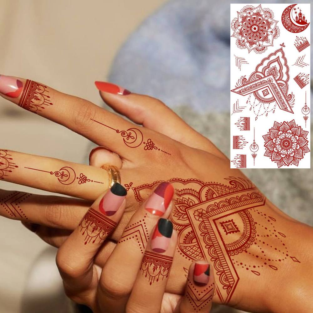 1 Sheet Henna Mandala Ramadan Mubarak Kareem Red Brown Temporary Tattoos For Women Men Adults Hands Foot Neck Forearm Arm Body Art Makeup, Semi Permanent Temp Fake Tattoo Stickers Waterproof Long Lasting Realistic Tatoos For Festival Party Accessory