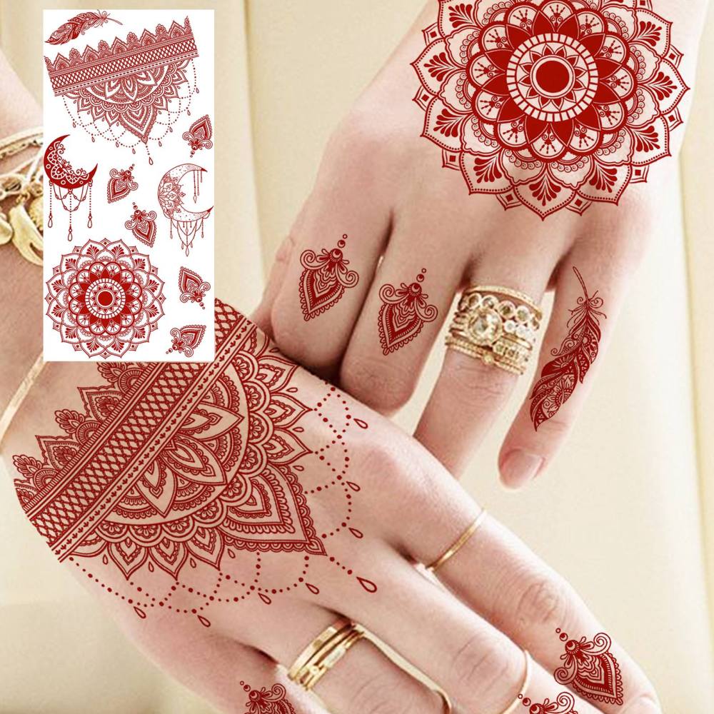 1 Sheet Henna Mandala Ramadan Mubarak Kareem Red Brown Temporary Tattoos For Women Men Adults Hands Foot Neck Forearm Arm Body Art Makeup, Semi Permanent Temp Fake Tattoo Stickers Waterproof Long Lasting Realistic Tatoos For Festival Party Accessory