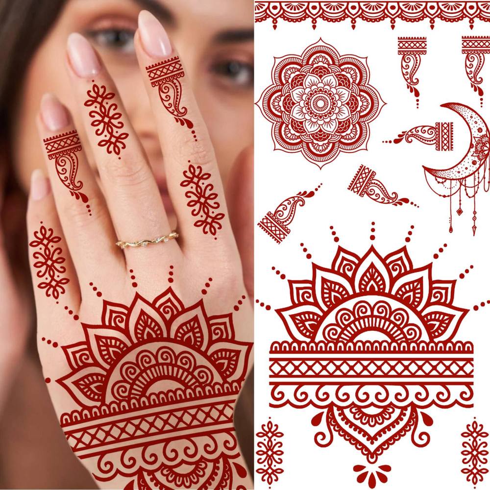 1 Sheet Henna Mandala Ramadan Mubarak Kareem Red Brown Temporary Tattoos For Women Men Adults Hands Foot Neck Forearm Arm Body Art Makeup, Semi Permanent Temp Fake Tattoo Stickers Waterproof Long Lasting Realistic Tatoos For Festival Party Accessory