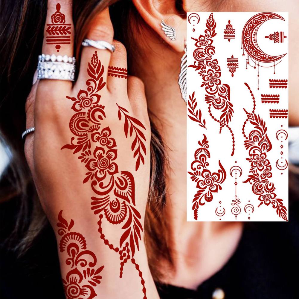 1 Sheet Indian Henna Mandala Ramadan Mubarak Kareem Red Brown Temporary Tattoos For Women Men Adults Hands Foot Forearm Arm Body Art Makeup, Semi Permanent Temp Fake Tattoo Stickers Waterproof Long Lasting Realistic Tatoos For Festival Party Accessory