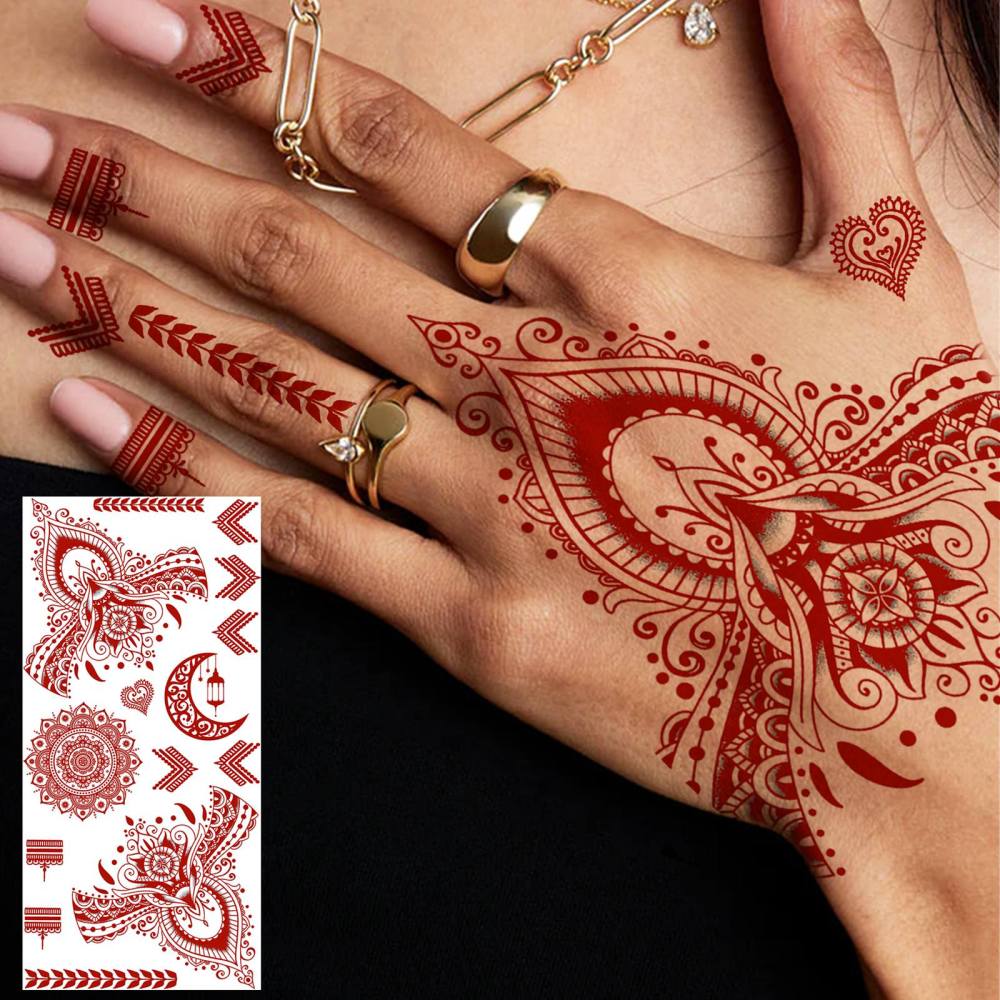 1 Sheet Indian Henna Mandala Ramadan Mubarak Kareem Red Brown Temporary Tattoos For Women Men Adults Hands Foot Forearm Arm Body Art Makeup, Semi Permanent Temp Fake Tattoo Stickers Waterproof Long Lasting Realistic Tatoos For Festival Party Accessory