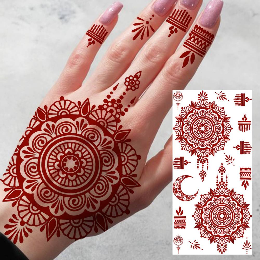 1 Sheet Indian Henna Mandala Ramadan Mubarak Kareem Red Brown Temporary Tattoos For Women Men Adults Hands Foot Forearm Arm Body Art Makeup, Semi Permanent Temp Fake Tattoo Stickers Waterproof Long Lasting Realistic Tatoos For Festival Party Accessory