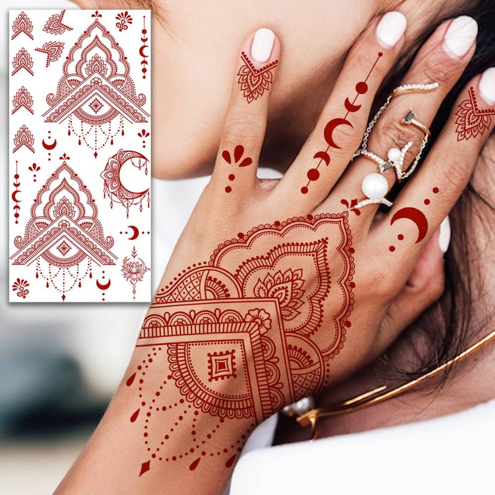 1 Sheet Indian Henna Mandala Ramadan Mubarak Kareem Red Brown Temporary Tattoos For Women Men Adults Hands Foot Forearm Arm Body Art Makeup, Semi Permanent Temp Fake Tattoo Stickers Waterproof Long Lasting Realistic Tatoos For Festival Party Accessory
