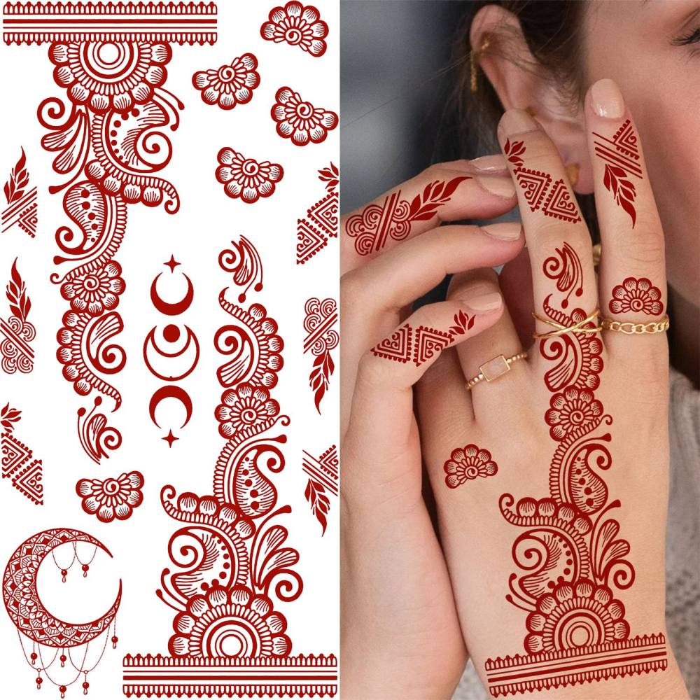 1 Sheet Indian Henna Mandala Ramadan Mubarak Kareem Red Brown Temporary Tattoos For Women Men Adults Hands Foot Forearm Arm Body Art Makeup, Semi Permanent Temp Fake Tattoo Stickers Waterproof Long Lasting Realistic Tatoos For Festival Party Accessory