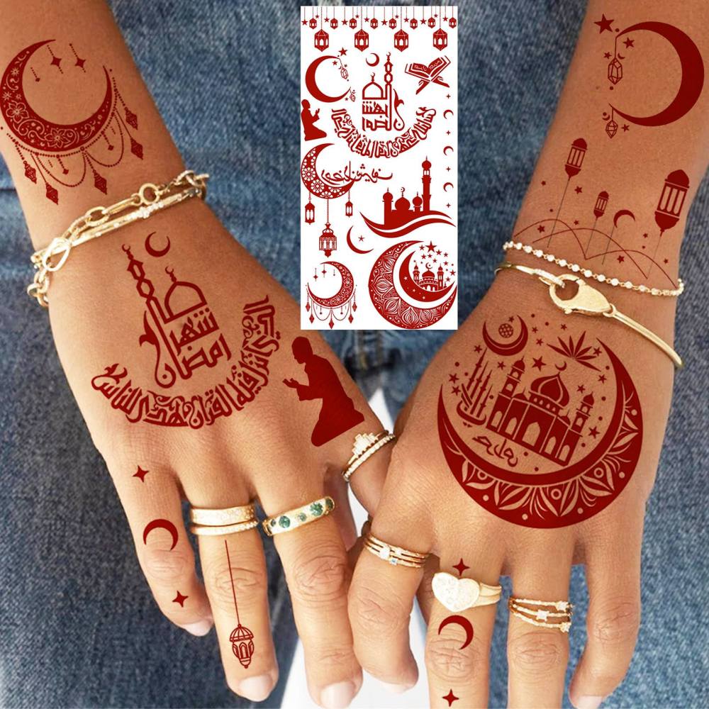 1 Sheet Indian Henna Mandala Ramadan Mubarak Kareem Red Brown Temporary Tattoos For Women Adults Lace Hands Foot Forearm Arm Body Art Makeup, Semi Permanent Temp Fake Tattoo Stickers Waterproof Fake Jewelry Tatoos For Festival Party Accessory