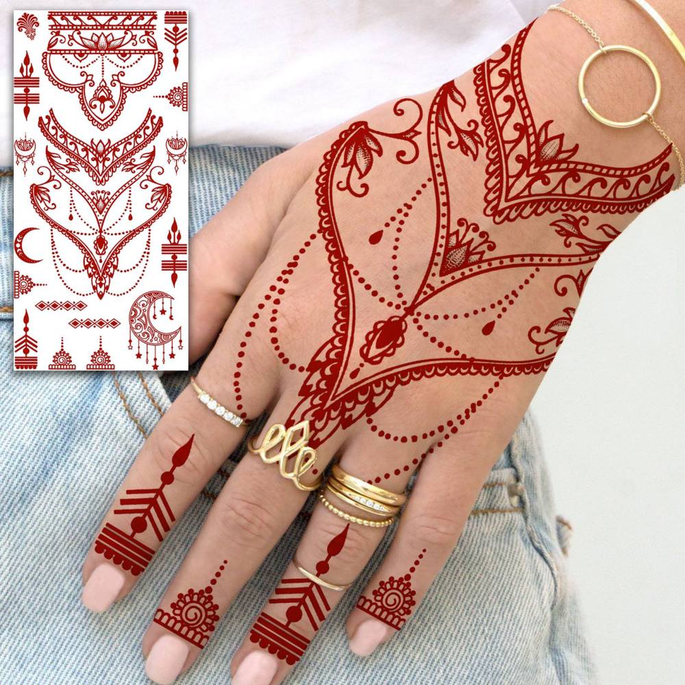 1 Sheet Indian Henna Mandala Ramadan Mubarak Kareem Red Brown Temporary Tattoos For Women Adults Lace Hands Foot Forearm Arm Body Art Makeup, Semi Permanent Temp Fake Tattoo Stickers Waterproof Fake Jewelry Tatoos For Festival Party Accessory