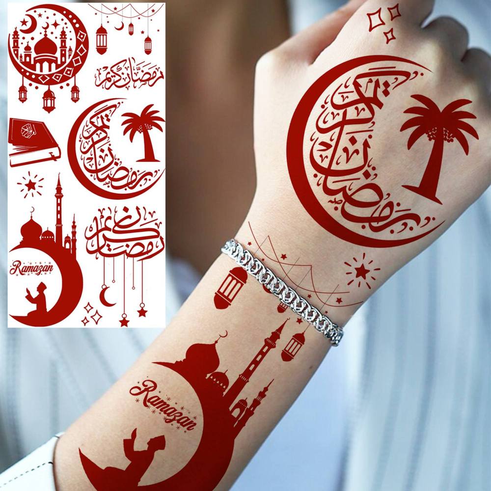 1 Sheet Indian Moon Mandala Ramadan Mubarak Kareem Red Brown Temporary Tattoos For Women Adults Lace Hands Foot Forearm Arm Body Art Makeup, Semi Permanent Temp Fake Tattoo Stickers Waterproof Fake Jewelry Tatoos For Festival Party Accessory