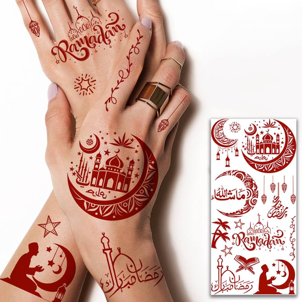 1 Sheet Moon Mandala Ramadan Mubarak Kareem Red Brown Temporary Tattoos For Women Adults Lace Hands Foot Forearm Arm Body Art Makeup, Semi Permanent Temp Fake Tattoo Stickers Waterproof Fake Jewelry Tatoos For Festival Party Accessory