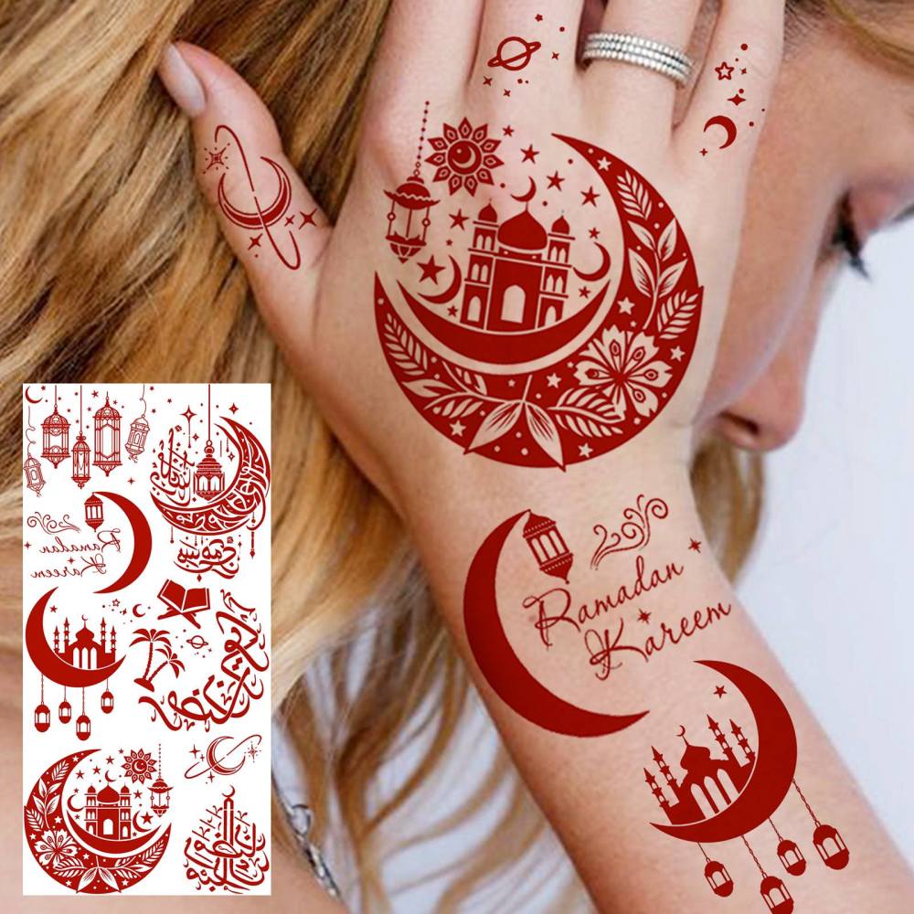 1 Sheet Moon Ramadan Mubarak Kareem Red Brown Temporary Tattoos For Women Adults Lace Hands Foot Forearm Arm Body Art Makeup, Semi Permanent Temp Fake Tattoo Stickers Waterproof Fake Jewelry Tatoos For Festival Party Accessory