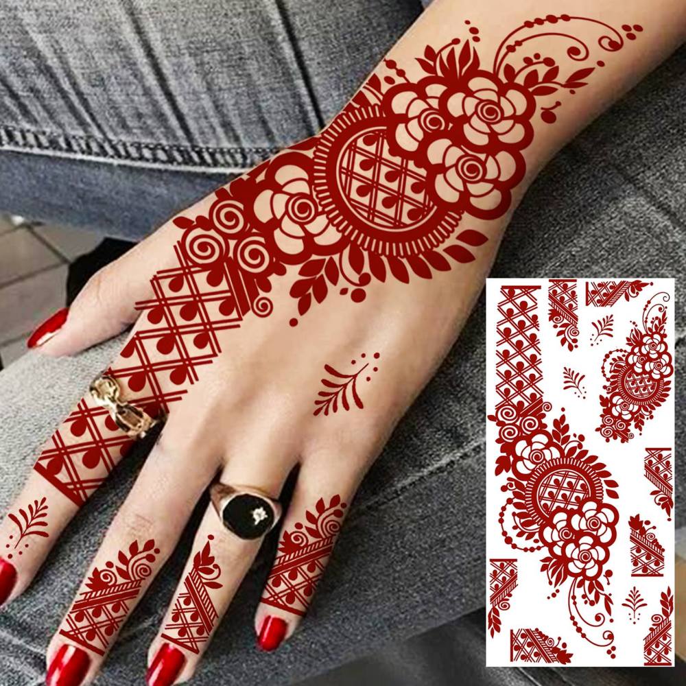 1 Sheet Henna Ramadan Mubarak Kareem Red Brown Temporary Tattoos For Women Adults Lace Hands Foot Forearm Arm Body Art Makeup, Semi Permanent Temp Fake Tattoo Stickers Waterproof Fake Jewelry Tatoos For Festival Party Accessory