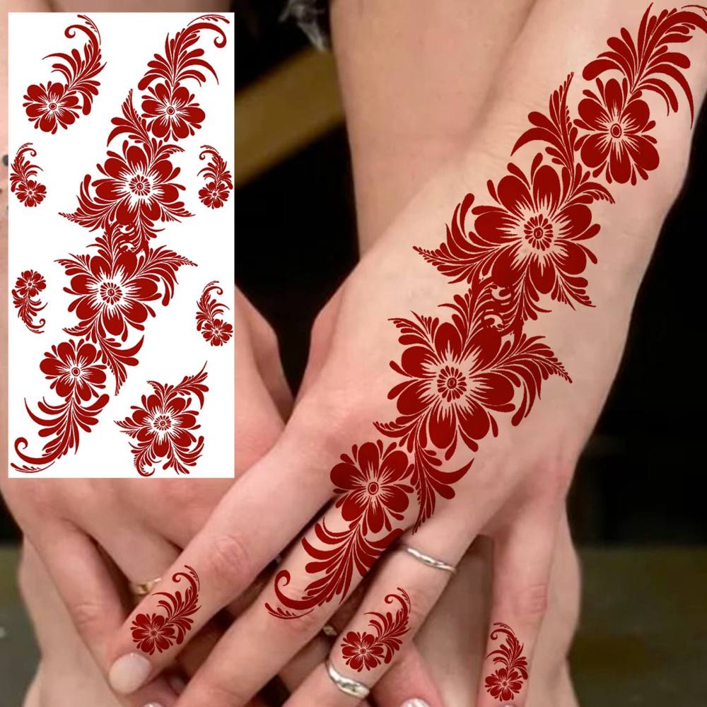 1 Sheet Henna Ramadan Mubarak Kareem Red Brown Temporary Tattoos For Women Adults Lace Hands Foot Forearm Arm Body Art Makeup, Semi Permanent Temp Fake Tattoo Stickers Waterproof Fake Jewelry Tatoos For Festival Party Accessory