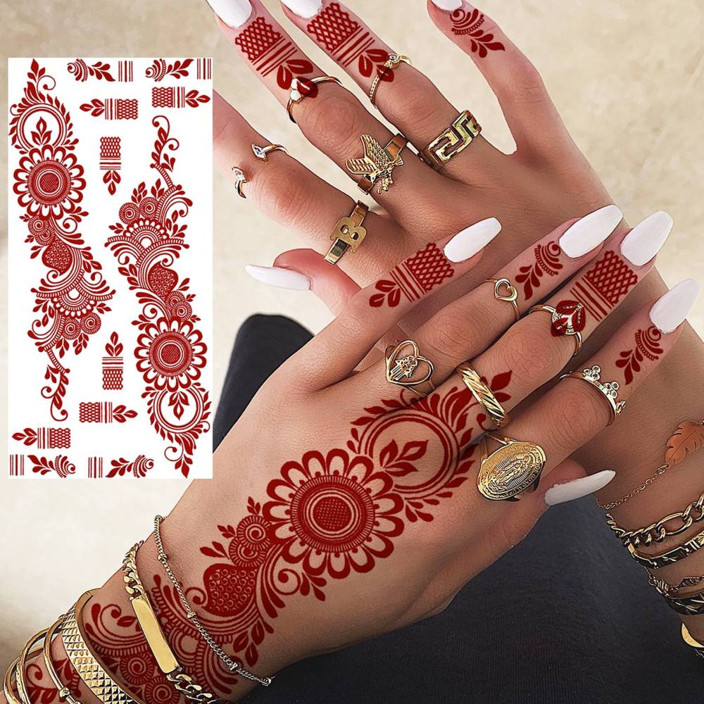 1 Sheet Henna Ramadan Mubarak Kareem Red Brown Temporary Tattoos For Women Adults Lace Hands Foot Forearm Arm Body Art Makeup, Semi Permanent Temp Fake Tattoo Stickers Waterproof Fake Jewelry Tatoos For Festival Party Accessory