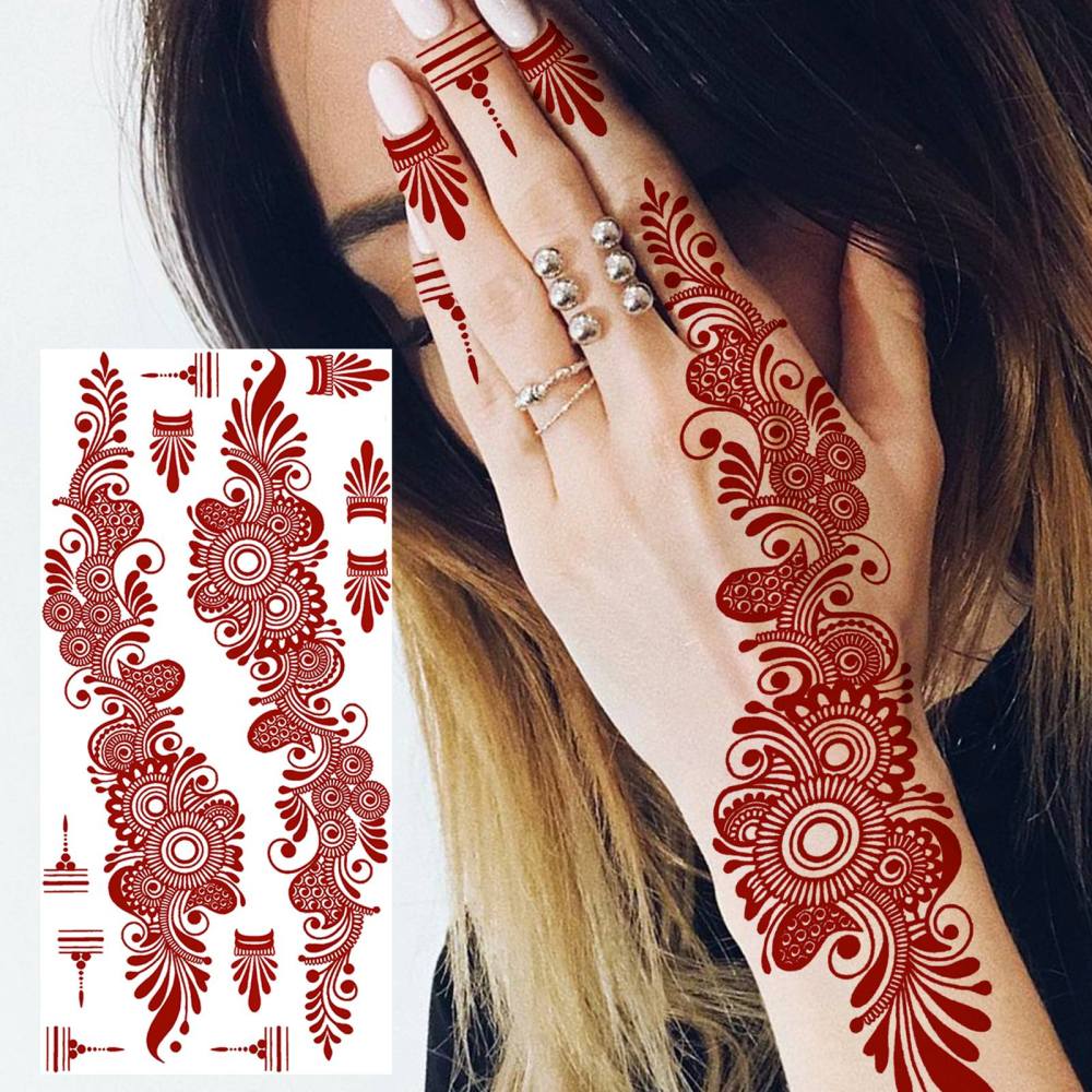 1 Sheet Henna Ramadan Mubarak Kareem Red Brown Temporary Tattoos For Women Adults Lace Hands Foot Forearm Arm Body Art Makeup, Semi Permanent Temp Fake Tattoo Stickers Waterproof Fake Jewelry Tatoos For Festival Party Accessory