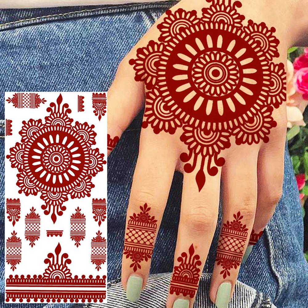 1 Sheet Henna Mandala Ramadan Mubarak Kareem Red Brown Temporary Tattoos For Women Adults Lace Hands Foot Forearm Arm Body Art Makeup, Semi Permanent Temp Fake Tattoo Stickers Waterproof Fake Jewelry Tatoos For Festival Party Accessory