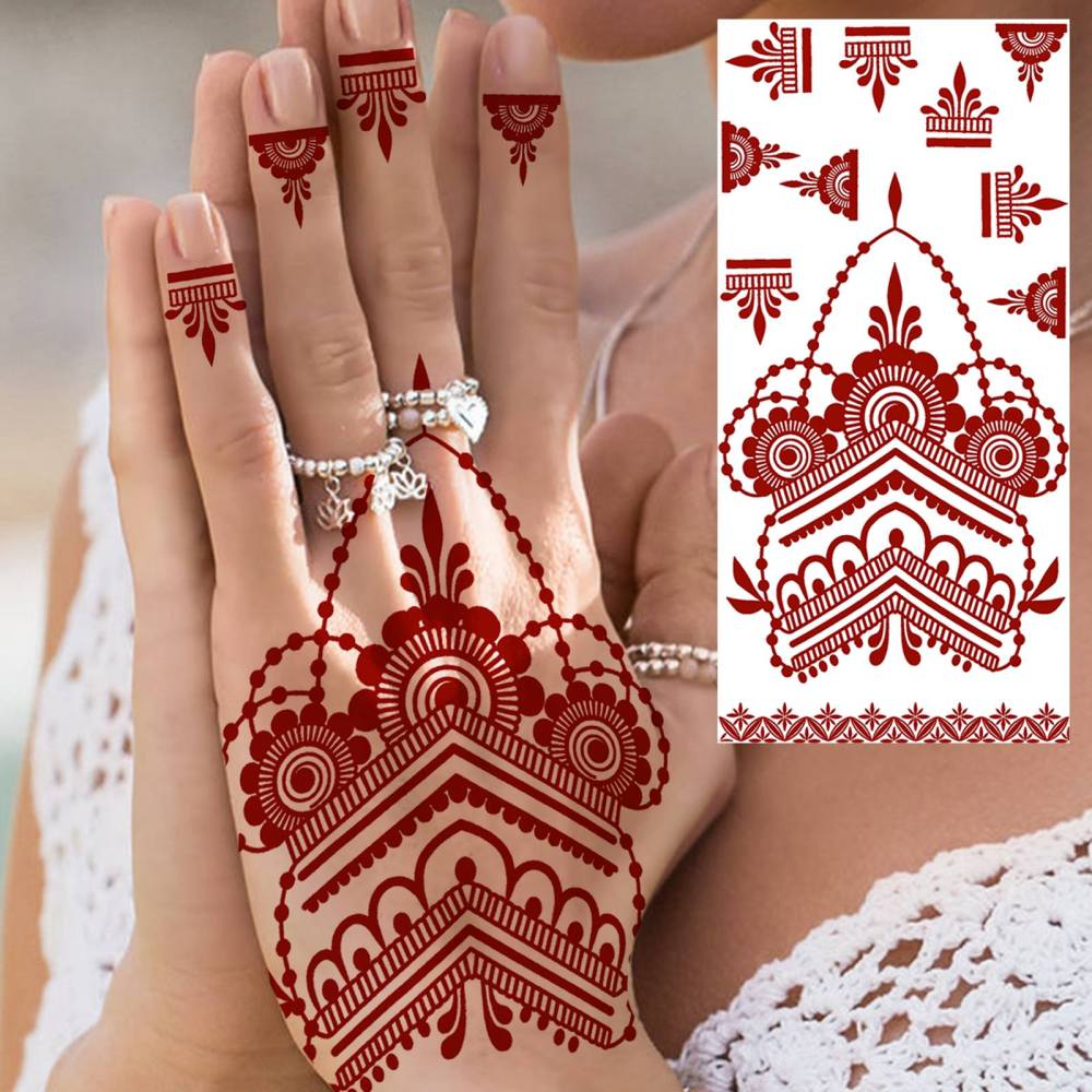 1 Sheet Henna Mandala Ramadan Mubarak Kareem Red Brown Temporary Tattoos For Women Adults Lace Hands Foot Forearm Arm Body Art Makeup, Semi Permanent Temp Fake Tattoo Stickers Waterproof Fake Jewelry Tatoos For Festival Party Accessory