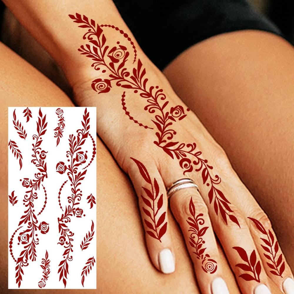 1 Sheet Henna Mandala Ramadan Mubarak Kareem Red Brown Temporary Tattoos For Women Adults Lace Hands Foot Forearm Arm Body Art Makeup, Semi Permanent Temp Fake Tattoo Stickers Waterproof Fake Jewelry Tatoos For Festival Party Accessory