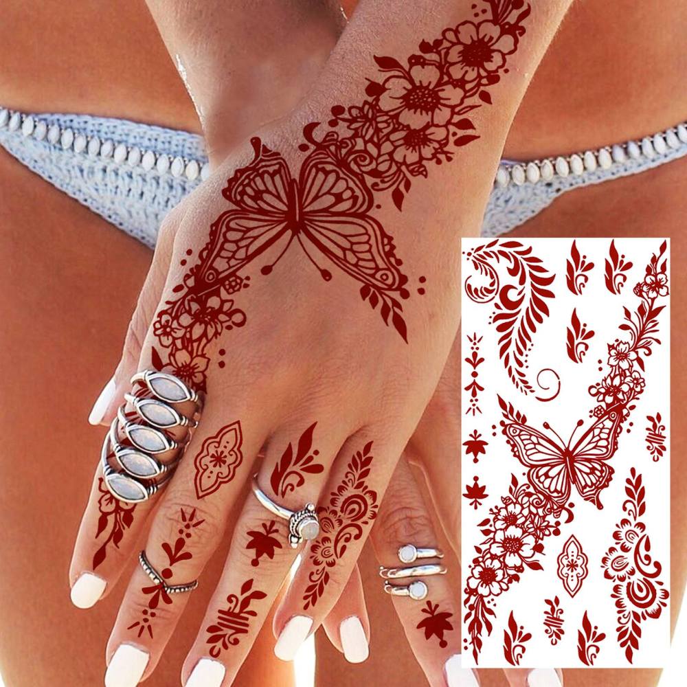 1 Sheet Henna Mandala Ramadan Mubarak Kareem Red Brown Temporary Tattoos For Women Adults Lace Hands Foot Forearm Arm Body Art Makeup, Semi Permanent Temp Fake Tattoo Stickers Waterproof Fake Jewelry Tatoos For Festival Party Accessory