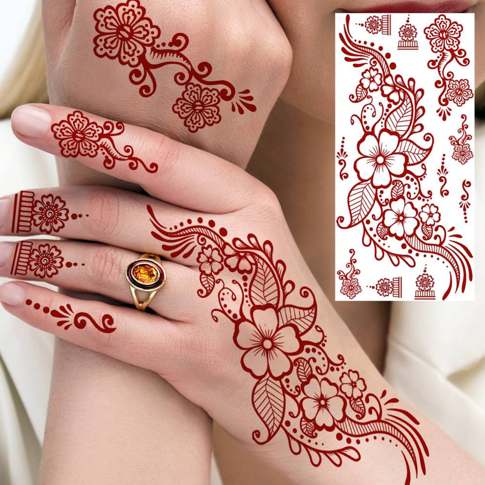 1 Sheet Henna Mandala Ramadan Mubarak Kareem Red Brown Temporary Tattoos For Women Adults Lace Hands Foot Forearm Arm Body Art Makeup, Semi Permanent Temp Fake Tattoo Stickers Waterproof Fake Jewelry Tatoos For Festival Party Accessory
