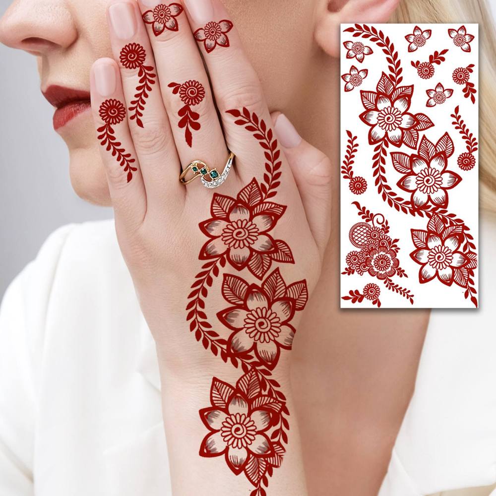 1 Sheet Henna Mandala Ramadan Mubarak Kareem Red Brown Temporary Tattoos For Women Adults Lace Hands Foot Forearm Arm Body Art Makeup, Semi Permanent Temp Fake Tattoo Stickers Waterproof Fake Jewelry Tatoos For Festival Party Accessory