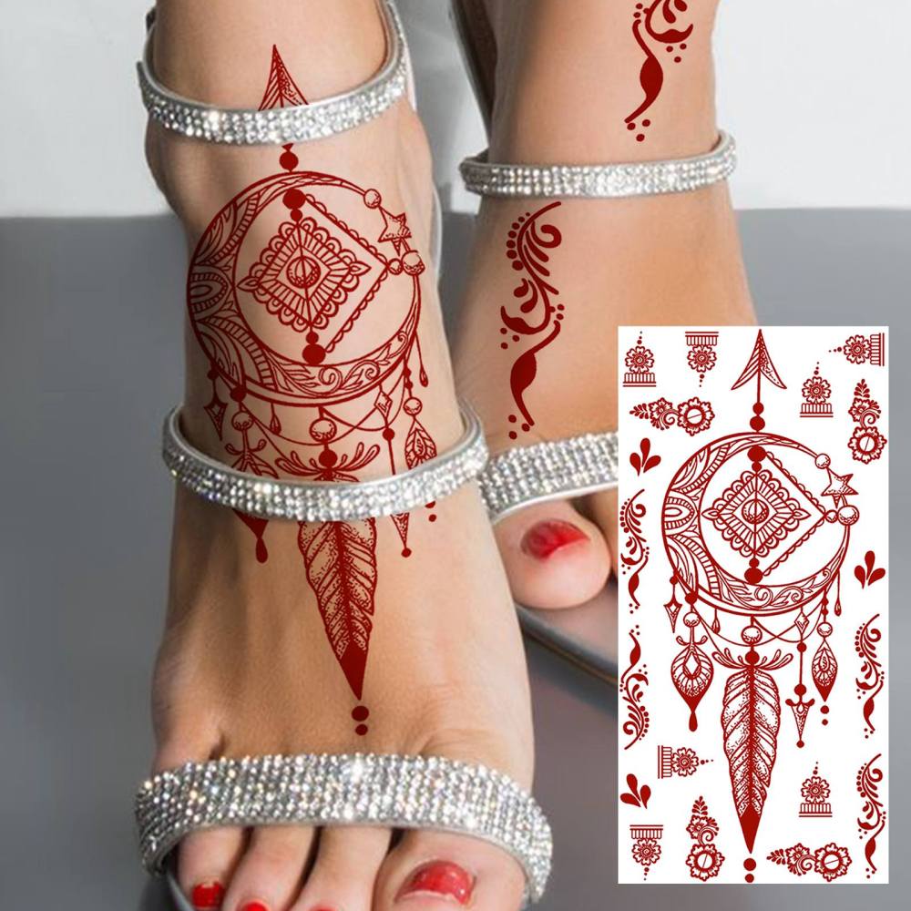 1 Sheet Henna Mandala Ramadan Mubarak Kareem Red Brown Temporary Tattoos For Women Adults Lace Hands Foot Forearm Arm Body Art Makeup, Semi Permanent Temp Fake Tattoo Stickers Waterproof Fake Jewelry Tatoos For Festival Party Accessory