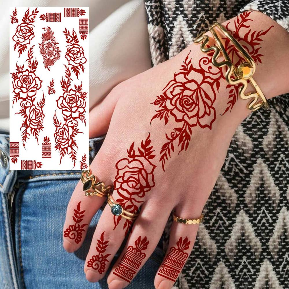 1 Sheet Henna Mandala Ramadan Mubarak Kareem Red Brown Temporary Tattoos For Women Adults Lace Hands Foot Forearm Arm Body Art Makeup, Semi Permanent Temp Fake Tattoo Stickers Waterproof Fake Jewelry Tatoos For Festival Party Accessory