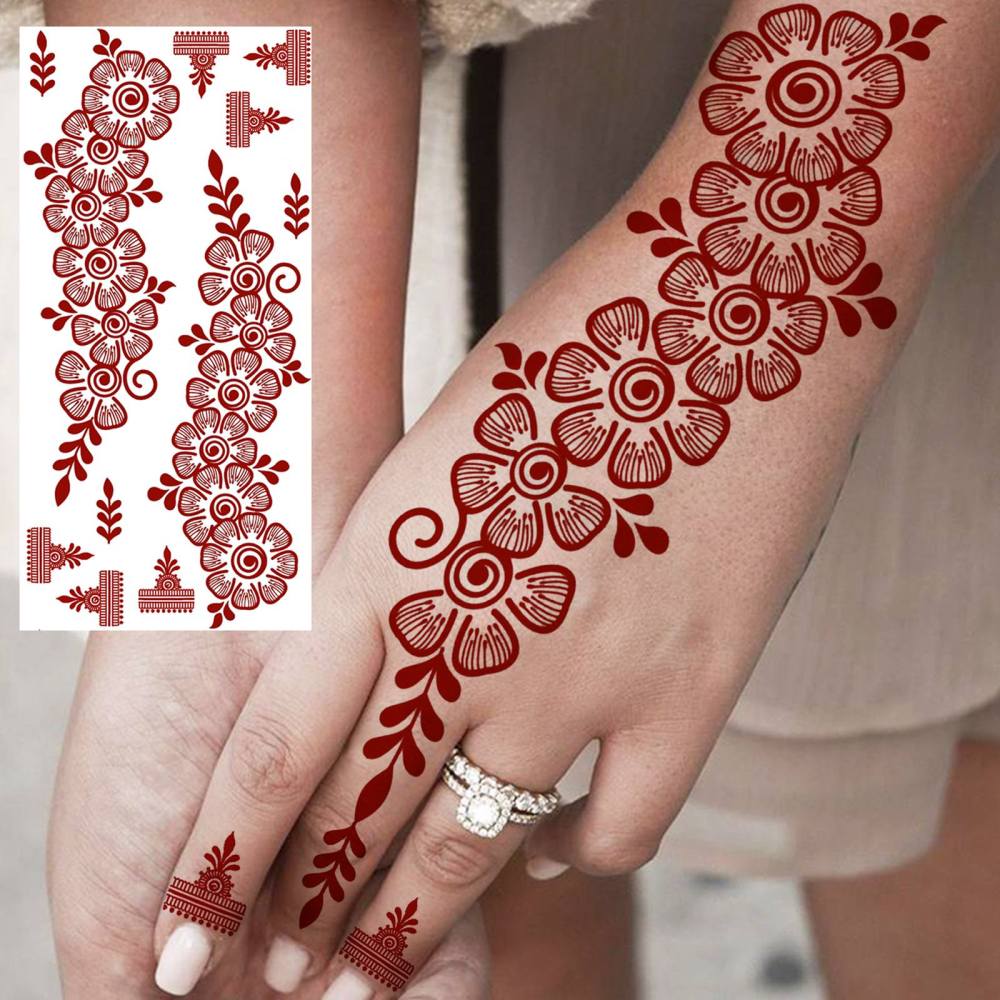 1 Sheet Henna Mandala Ramadan Mubarak Kareem Red Brown Temporary Tattoos For Women Adults Lace Hands Foot Forearm Arm Body Art Makeup, Semi Permanent Temp Fake Tattoo Stickers Waterproof Fake Jewelry Tatoos For Festival Party Accessory