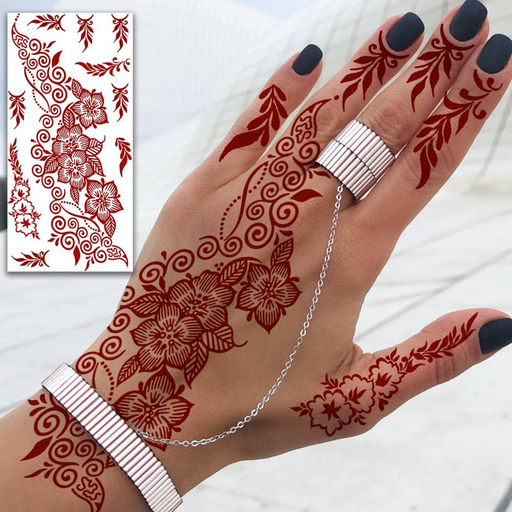 1 Sheet Henna Mandala Ramadan Mubarak Kareem Red Brown Temporary Tattoos For Women Adults Lace Hands Foot Forearm Arm Body Art Makeup, Semi Permanent Temp Fake Tattoo Stickers Waterproof Fake Jewelry Tatoos For Festival Party Accessory