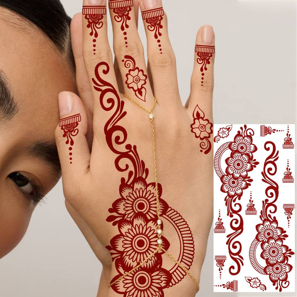 1 Sheet Henna Mandala Ramadan Mubarak Kareem Red Brown Temporary Tattoos For Women Adults Lace Hands Foot Forearm Arm Body Art Makeup, Semi Permanent Temp Fake Tattoo Stickers Waterproof Fake Jewelry Tatoos For Festival Party Accessory
