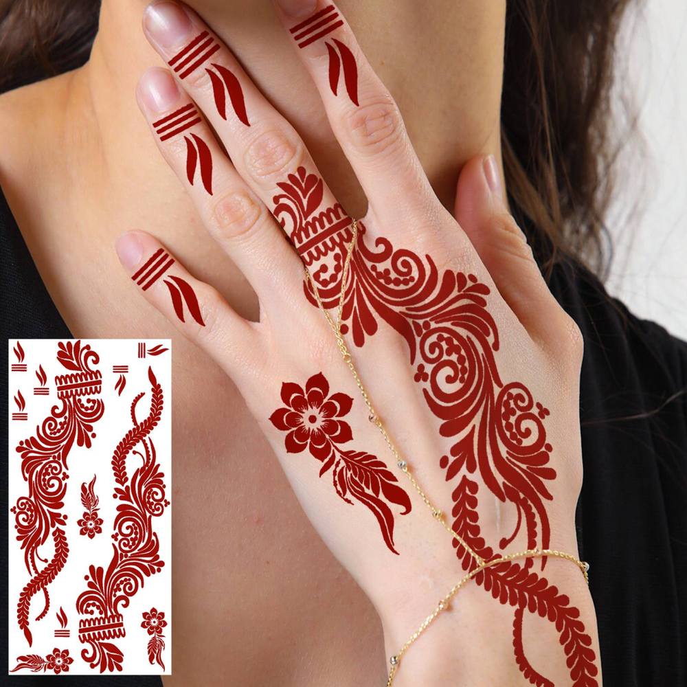 1 Sheet Henna Mandala Ramadan Mubarak Kareem Red Brown Temporary Tattoos For Women Adults Lace Hands Foot Forearm Arm Body Art Makeup, Semi Permanent Temp Fake Tattoo Stickers Waterproof Fake Jewelry Tatoos For Festival Party Accessory