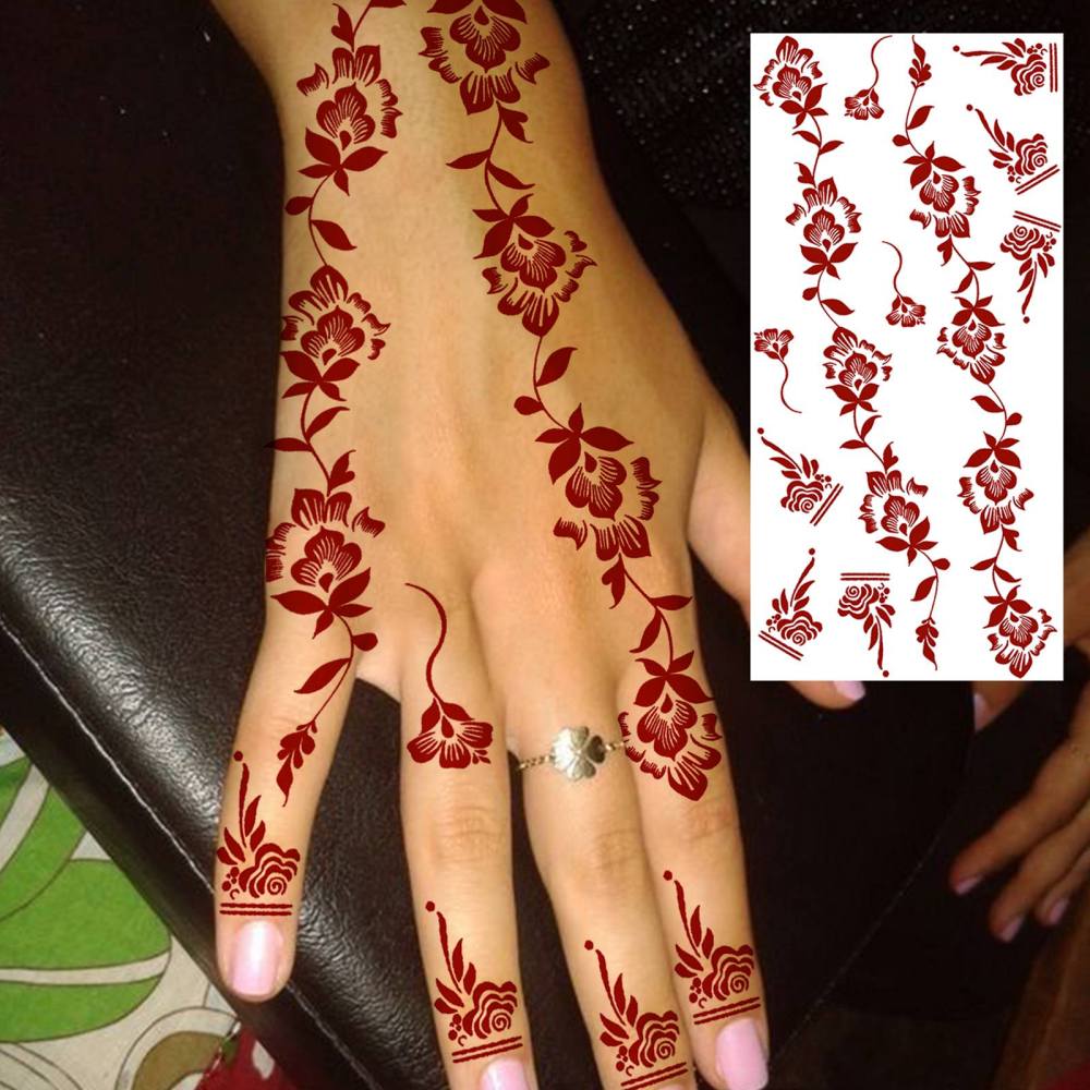 1 Sheet Henna Mandala Ramadan Mubarak Kareem Red Brown Temporary Tattoos For Women Adults Lace Hands Foot Forearm Arm Body Art Makeup, Semi Permanent Temp Fake Tattoo Stickers Waterproof Fake Jewelry Tatoos For Festival Party Accessory