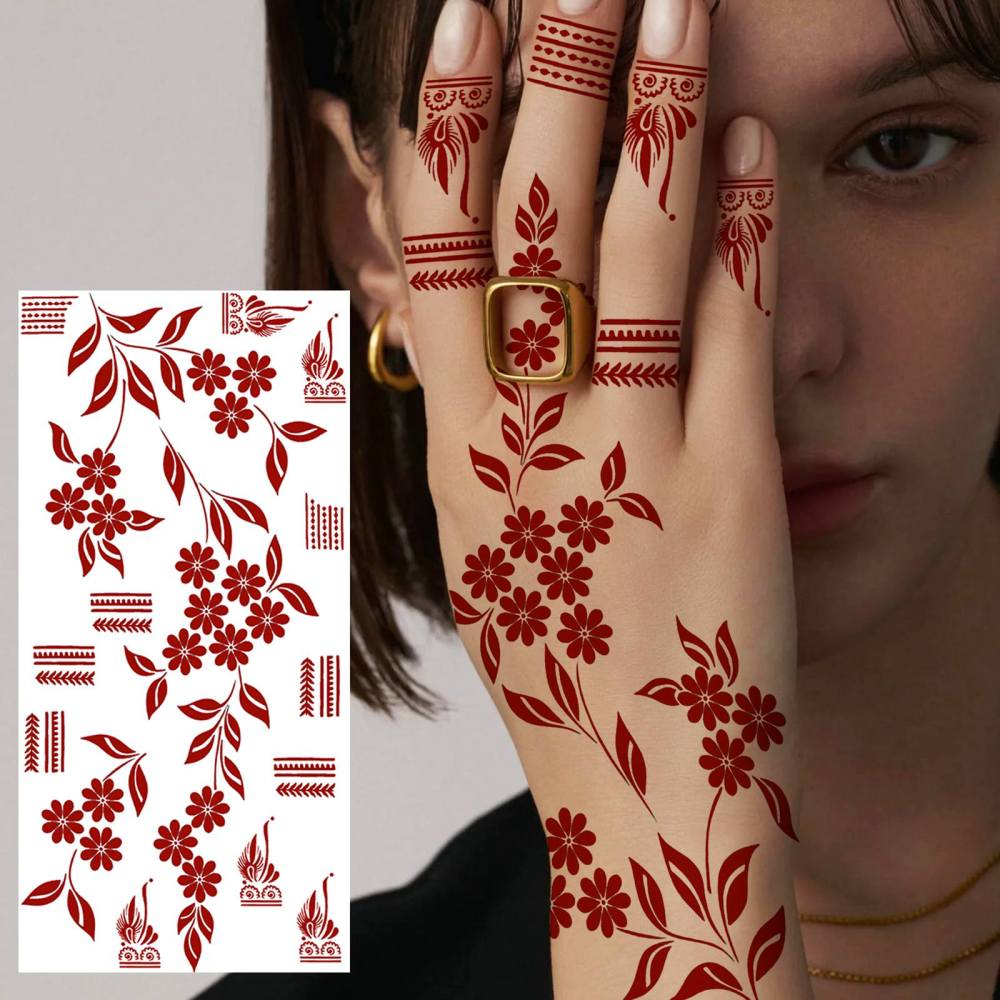 1 Sheet Henna Mandala Ramadan Mubarak Kareem Red Brown Temporary Tattoos For Women Adults Lace Hands Foot Forearm Arm Body Art Makeup, Semi Permanent Temp Fake Tattoo Stickers Waterproof Fake Jewelry Tatoos For Festival Party Accessory