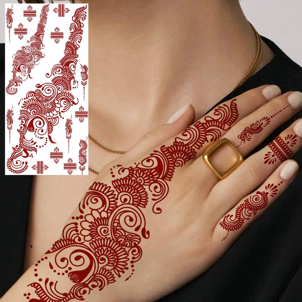 1 Sheet Henna Mandala Ramadan Mubarak Kareem Red Brown Temporary Tattoos For Women Adults Lace Hands Foot Forearm Arm Body Art Makeup, Semi Permanent Temp Fake Tattoo Stickers Waterproof Fake Jewelry Tatoos For Festival Party Accessory