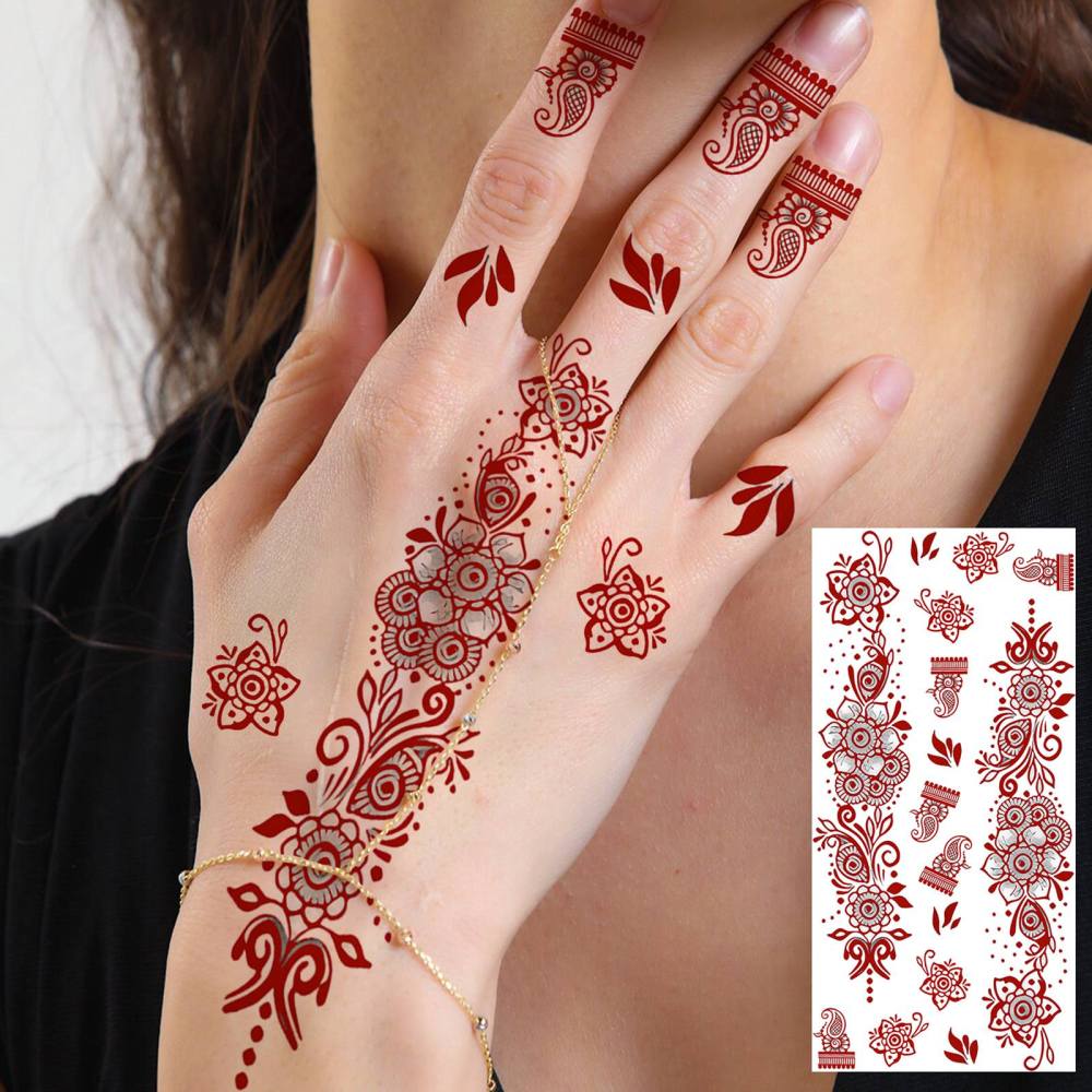 1 Sheet Henna Mandala Ramadan Mubarak Kareem Red Brown Temporary Tattoos For Women Adults Lace Hands Foot Forearm Arm Body Art Makeup, Semi Permanent Temp Fake Tattoo Stickers Waterproof Fake Jewelry Tatoos For Festival Party Accessory
